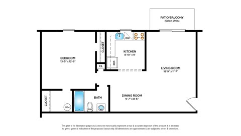 Floor plan for 1 bed, 1 bath, 712 sqft